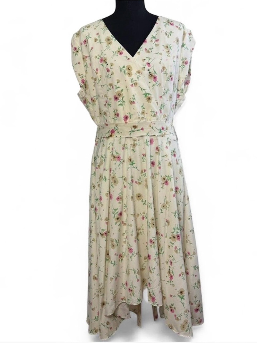 Jasambac Floral Wrap Midi Dress Size 2XL Handkerchief Hem V-Neck Belted cream